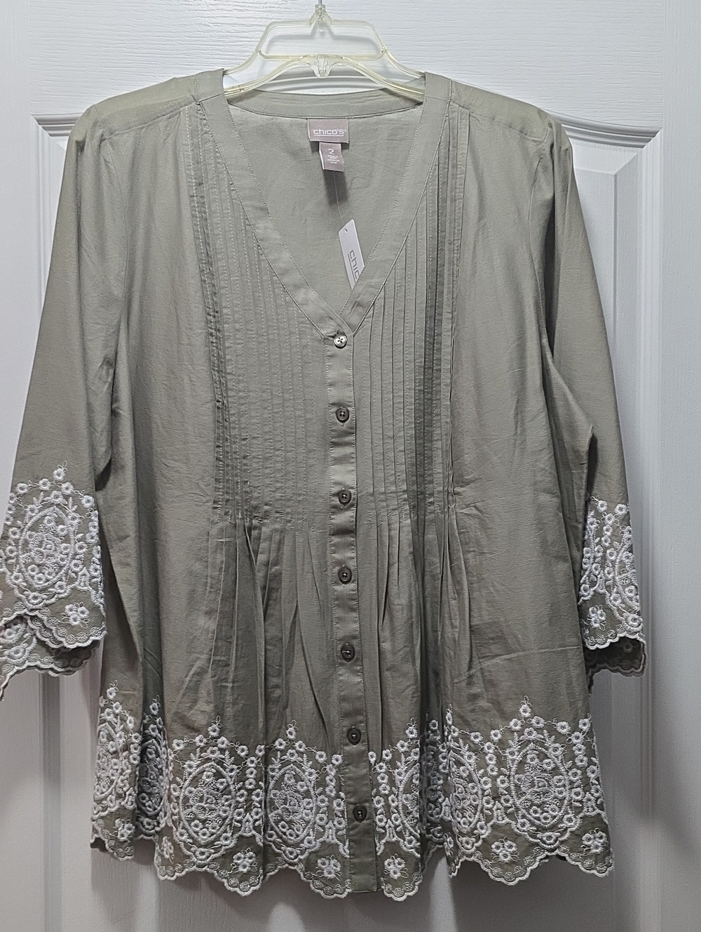 Chico's Olive Green Button-Front Blouse with White Embroidery